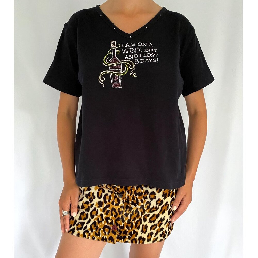 90s vintage black wine lover funny spellout rhinestone short sleeved tshirt top